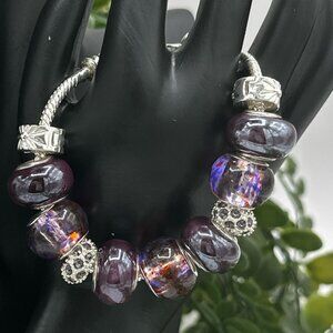 Pandora Style Purple/Pink Charm Bracelet in Silvertone with Rhinestones, NWOT